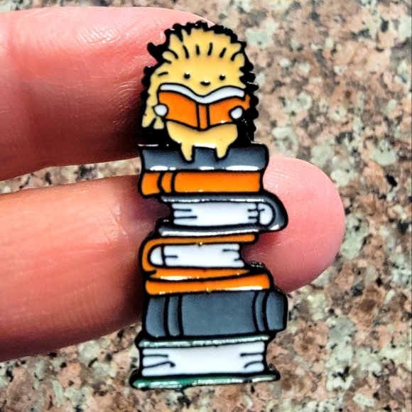 Jewelry - *2 for $13* Book Lover Hedgehog On Stack of Books Enamel Pin